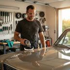 A person using a wool polishing pad by Arenzza to achieve a mirror-like finish on a vehicle surface.