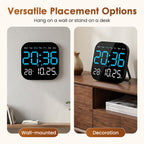 Arenzza multifunctional digital alarm clock displaying time, date, and temperature on a sleek black electronic device for home or office.