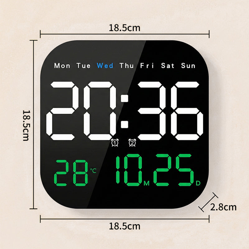 Arenzza multifunctional digital alarm clock displaying time on a sleek black electronic device for home or office use.