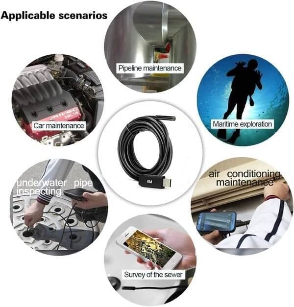 Arenzza 3-in-1 endoscope with 2.0MP HD camera, 6 LED lights, waterproof design, compatible with smartphones for home inspection.