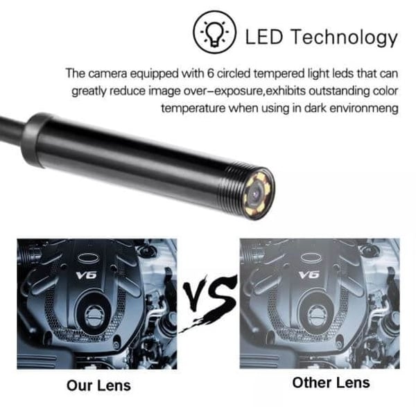 Arenzza 3-in-1 endoscope with 2.0MP HD camera, 6 LED lights, waterproof IP67, compatible with smartphones for home inspection.
