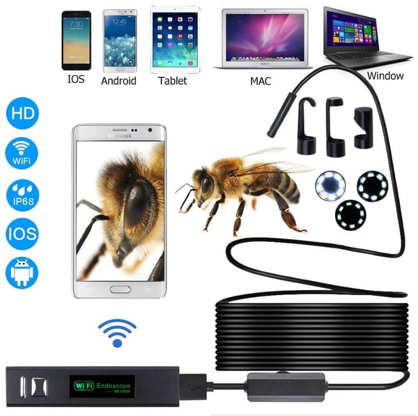 Arenzza 3-in-1 endoscope with 2.0MP HD camera, 6 LED lights, waterproof design, compatible with smartphones for home inspection.