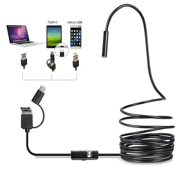 Arenzza 3-in-1 waterproof USB endoscope camera with LED lights, showing flexible inspection probe and camera lens for electronics inspection