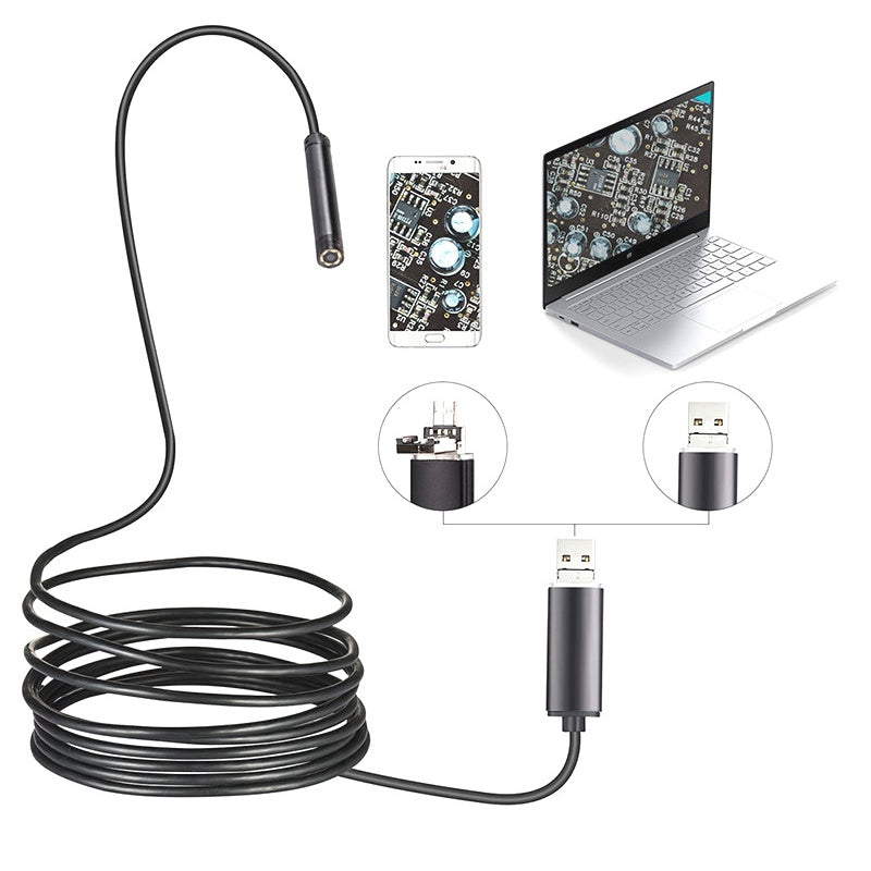Arenzza 3-in-1 waterproof USB endoscope camera with LED lights, showing the flexible inspection camera connected to a device