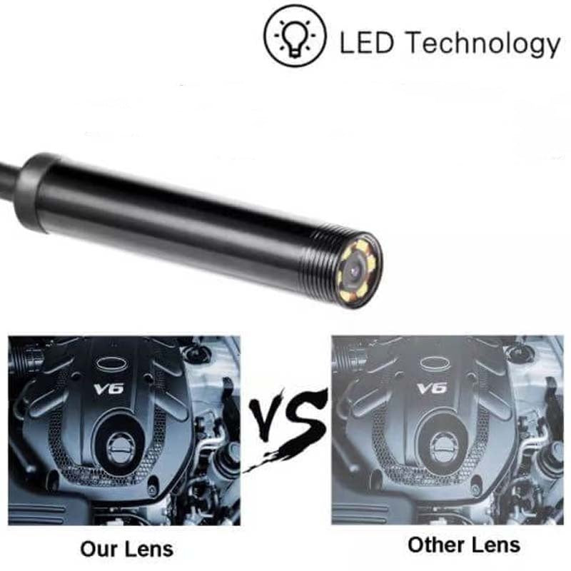 Arenzza 3-in-1 waterproof USB endoscope camera with LED lights showing its flexible camera probe and control connector.