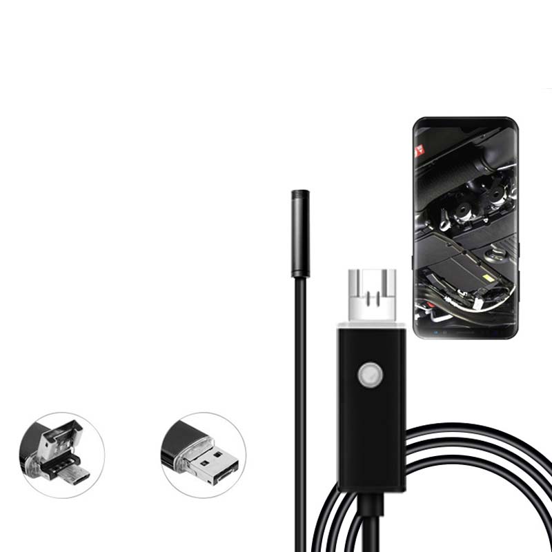 Arenzza 3-in-1 waterproof USB endoscope camera with LED lights, showing the flexible camera probe and control cable.