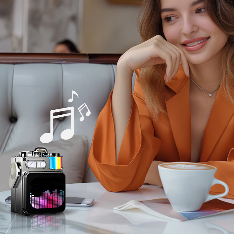Arenzza portable wireless Bluetooth speaker in black with control buttons, showcasing its compact design and built-in speaker grille.
