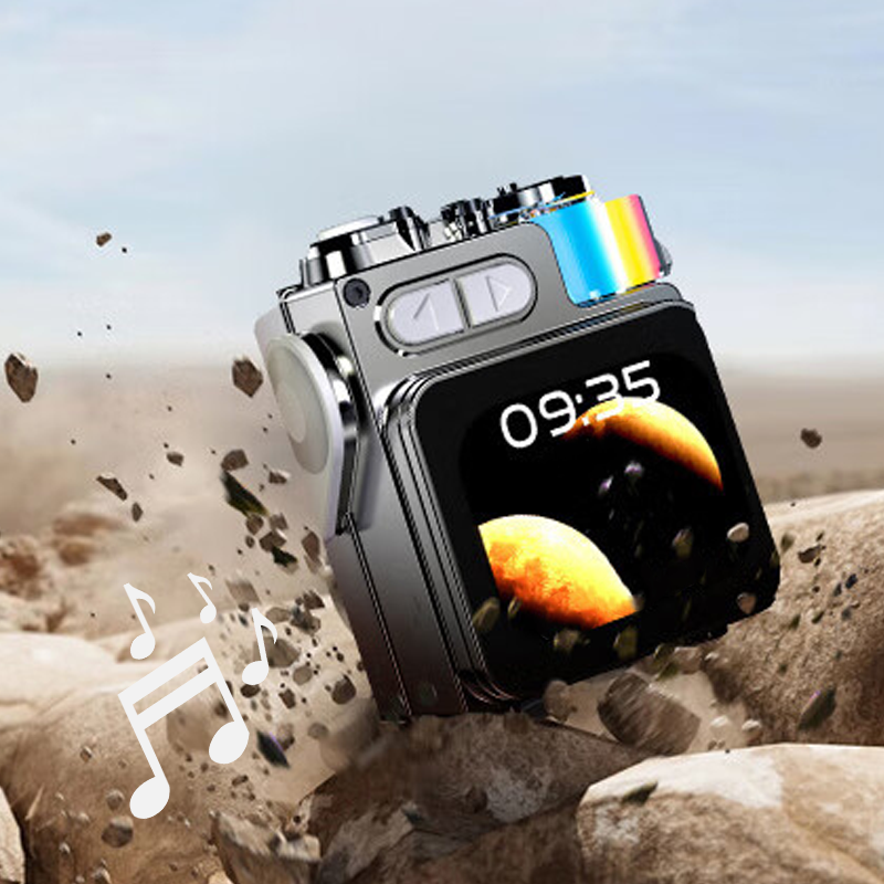 Arenzza portable wireless Bluetooth speaker in black, showing the compact design and control buttons for easy music playback.