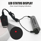 Arenzza magnetic battery charger for electric devices, shown connected to a compatible battery in an electronics setting.