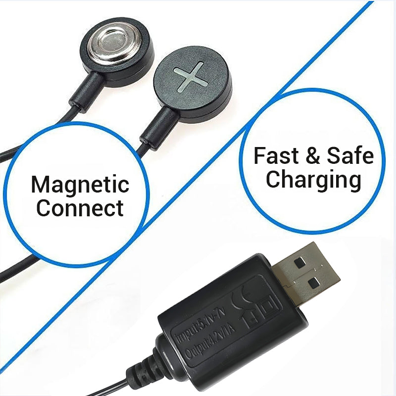 Arenzza magnetic battery charger for electric devices, showing the sleek black charger with magnetic connection port and USB cable.