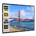 Aarenza 120-inch HD projection screen with matte white surface for home cinema, shown hanging in a living room setting.