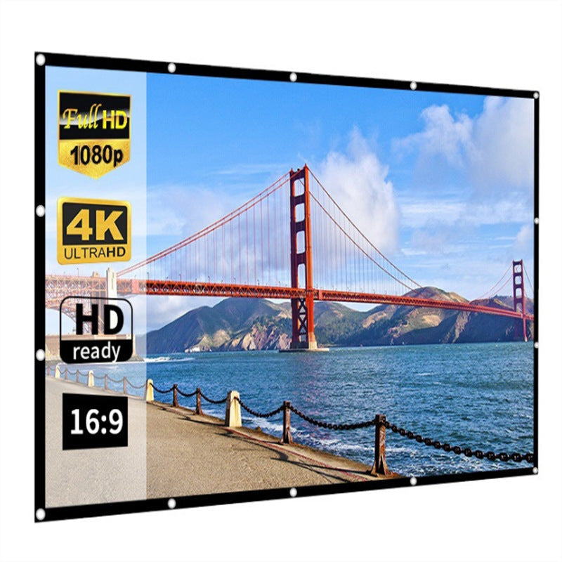 Aarenza 120-inch HD projection screen with matte white surface for home cinema, shown hanging in a living room setting.