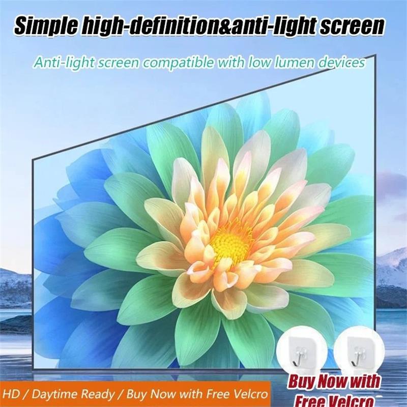 Arenzza 120-inch high definition projection screen with matte white surface for home cinema, displayed in a living room setting.
