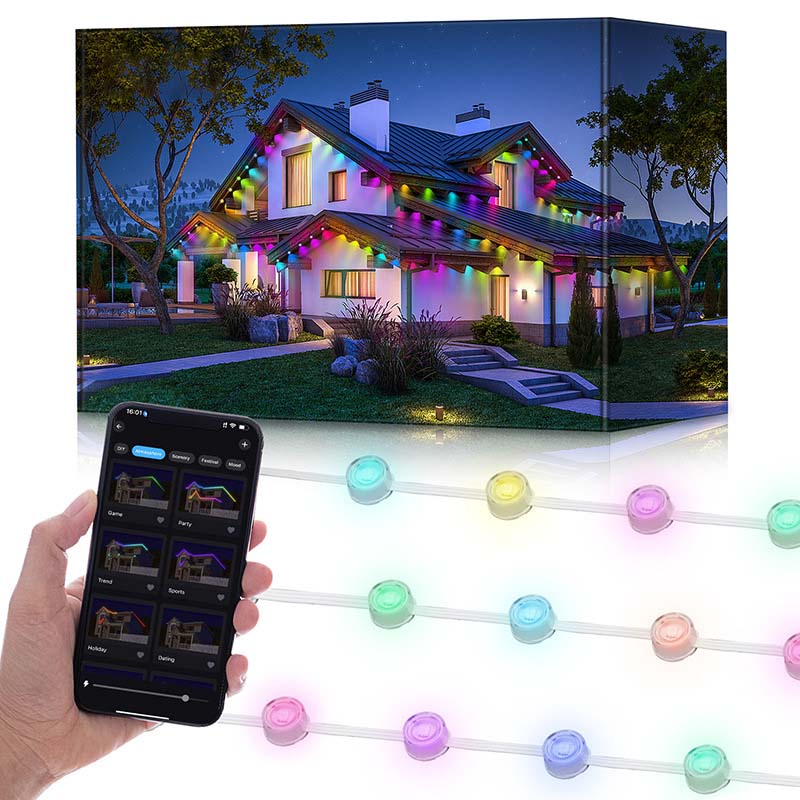 Arenzza smart RGB outdoor light string with colorful LED bulbs, suitable for festive holiday outdoor decorating.