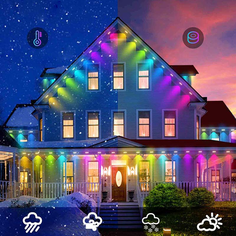 Arenzza smart RGB outdoor light string with colorful LED bulbs, ideal for festive holiday decorations on exterior walls or trees.