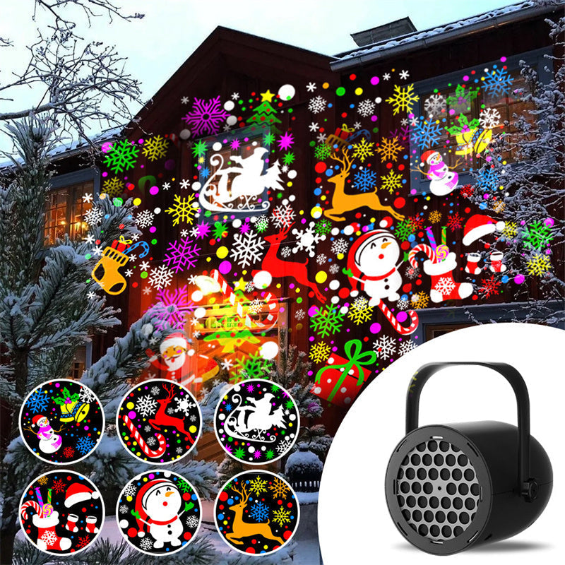 Arenzza 16-pattern USB Christmas projector light displaying festive holiday light patterns on a wall.