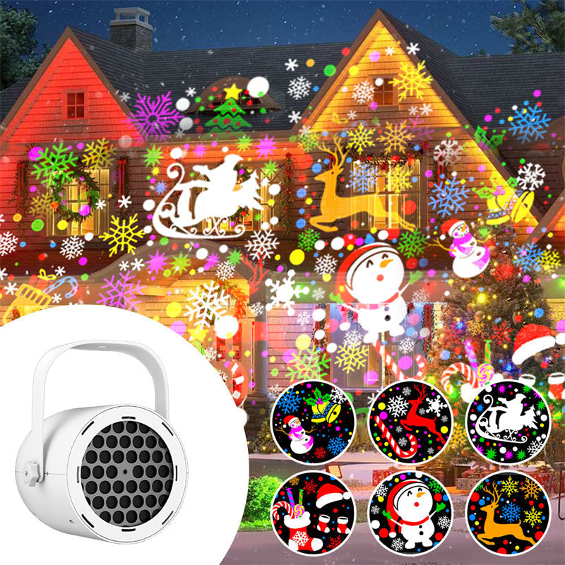 Arenzza 16-pattern USB Christmas projector light displaying festive holiday light patterns on a wall.
