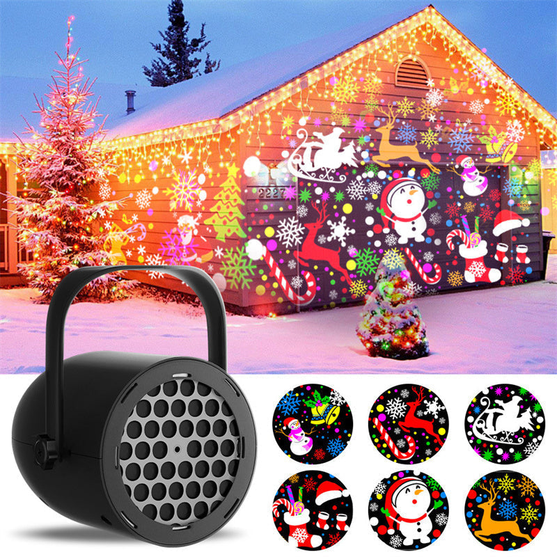 Arenzza 16-pattern USB Christmas projector light showcasing festive holiday projections on a wall with colorful patterns.