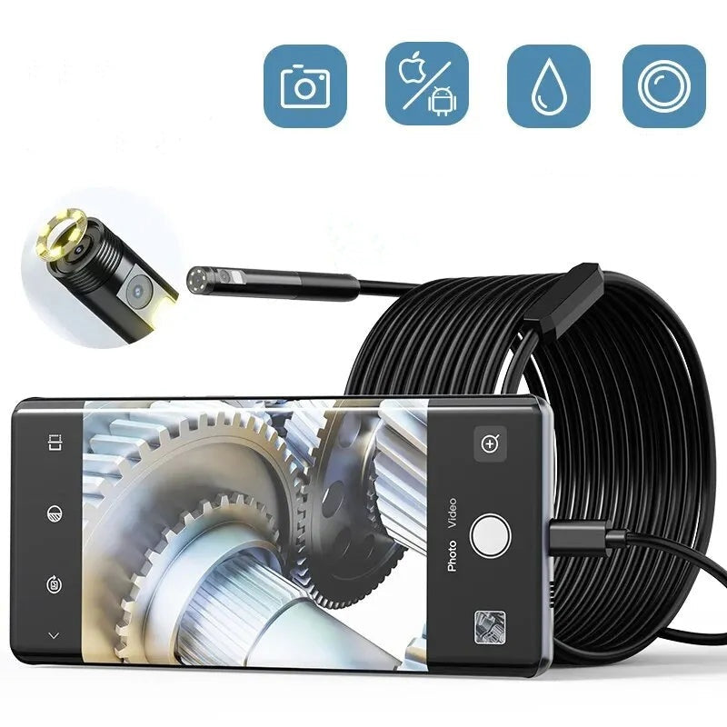 Arenzza waterproof borescope camera with adjustable light showing a flexible inspection probe and control buttons on the device