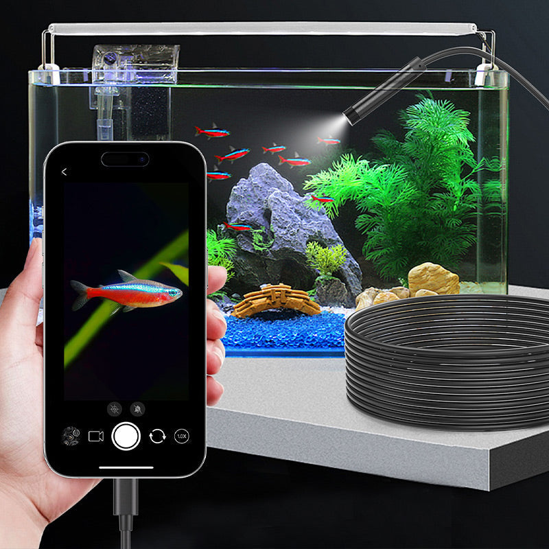 Arenzza waterproof borescope camera with adjustable light showing the device with flexible probe and illuminated lens in use