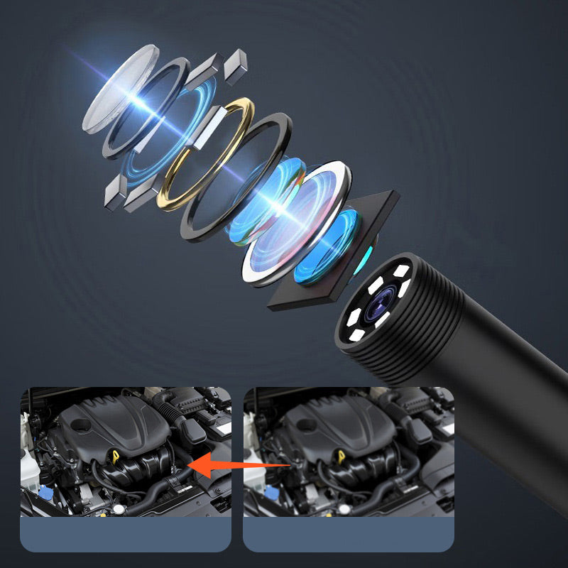 Arenzza waterproof borescope camera with adjustable light, featuring a flexible probe and viewing screen for detailed inspection.