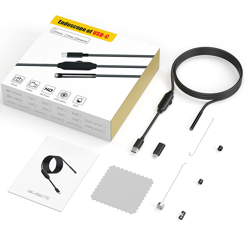 Arenzza waterproof borescope camera with adjustable light, showing flexible probe and control buttons in an electronics accessory image.