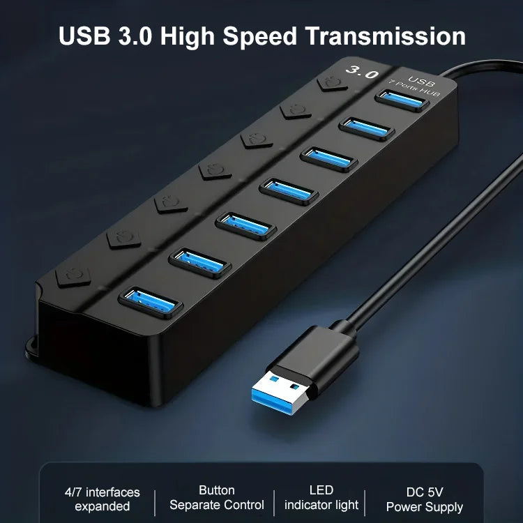 Arenzza Independent Switch USB splitter connecting multiple devices to a single USB port in an electronics and accessories setting.