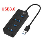 Arenzza Independent Switch USB splitter connecting multiple devices to a computer with a sleek black design.