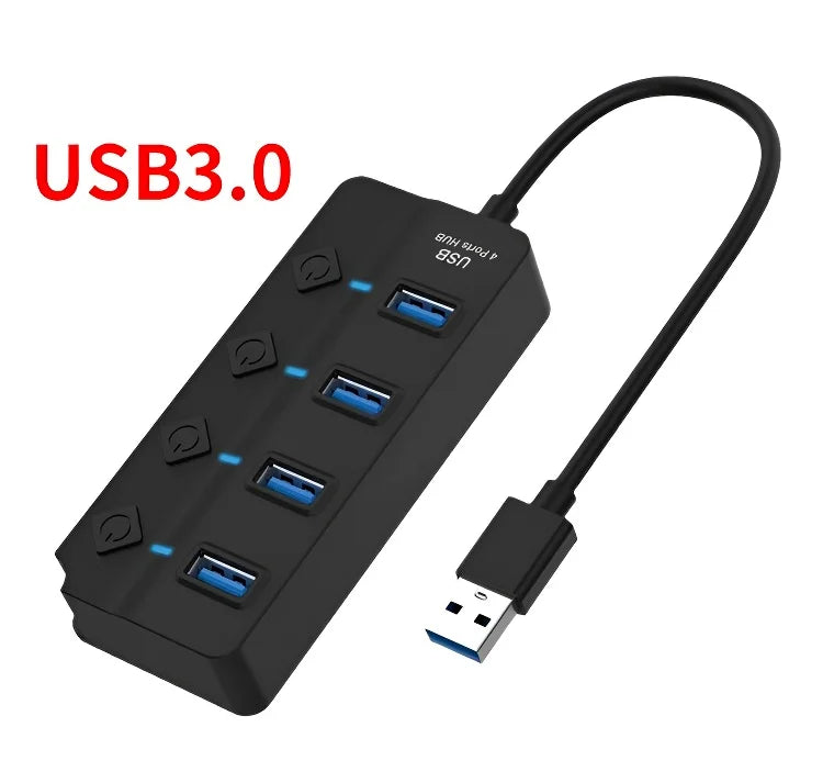 Arenzza Independent Switch USB splitter connecting multiple devices to a computer with a sleek black design.