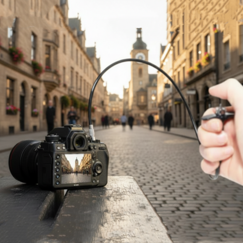 Arenzza mechanical shutter release cable with bulb-lock for camera remote control, featuring a durable design and flexible cord.