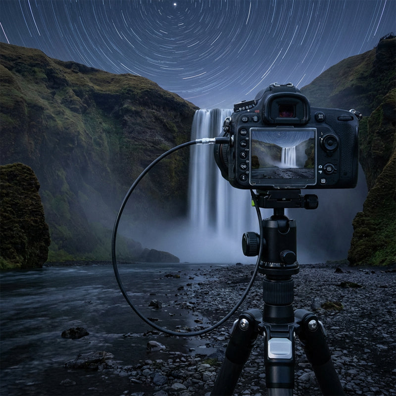 Arenzza mechanical shutter release cable with bulb-lock attached to a camera, used for remote shutter control in photography.
