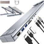 Arenzza USB-C docking station with laptop stand and 4K HDMI port, featuring multiple connectivity options for electronics and accessories.