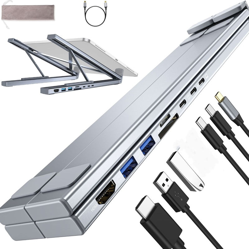 Arenzza USB-C docking station with laptop stand and 4K HDMI port, featuring multiple connectivity options for electronics and accessories.