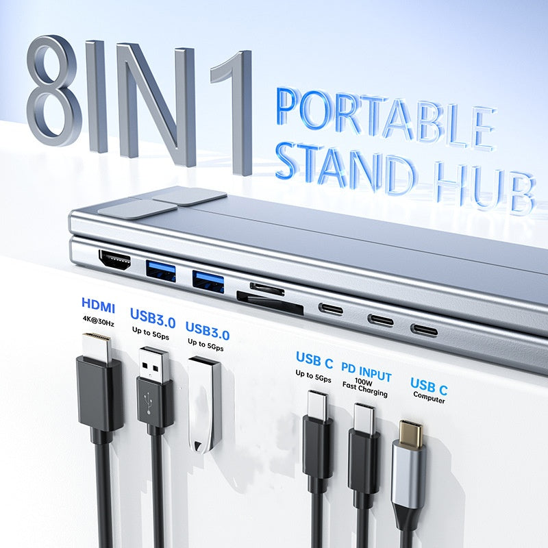 Arenzza USB-C docking station with laptop stand and 4K HDMI port, featuring multiple connectivity options and a sleek design.