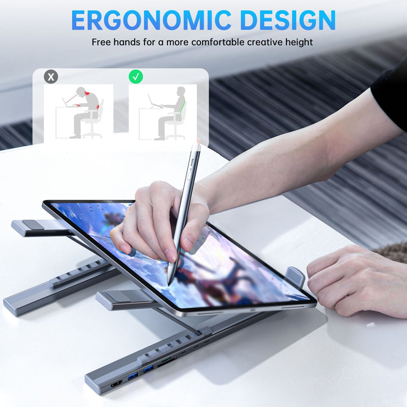 Arenzza USB-C docking station and laptop stand with 4K HDMI port, black electronic accessories for laptop connectivity and support.
