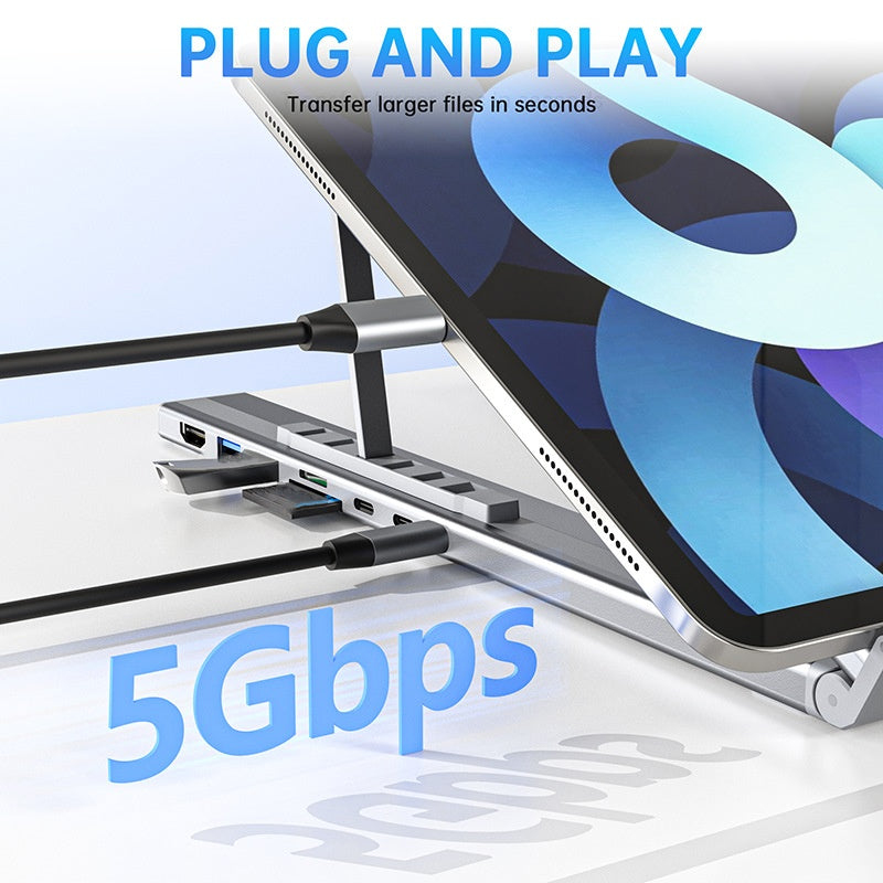 Arenzza USB-C docking station with laptop stand and 4K HDMI port, showing a sleek electronics accessory for laptops.