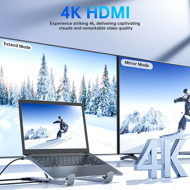Arenzza USB-C docking station and laptop stand with 4K HDMI port, featuring multiple connectivity options and a sleek design.