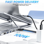 Arenzza USB-C docking station with laptop stand and 4K HDMI port, showing sleek electronics and accessories setup.