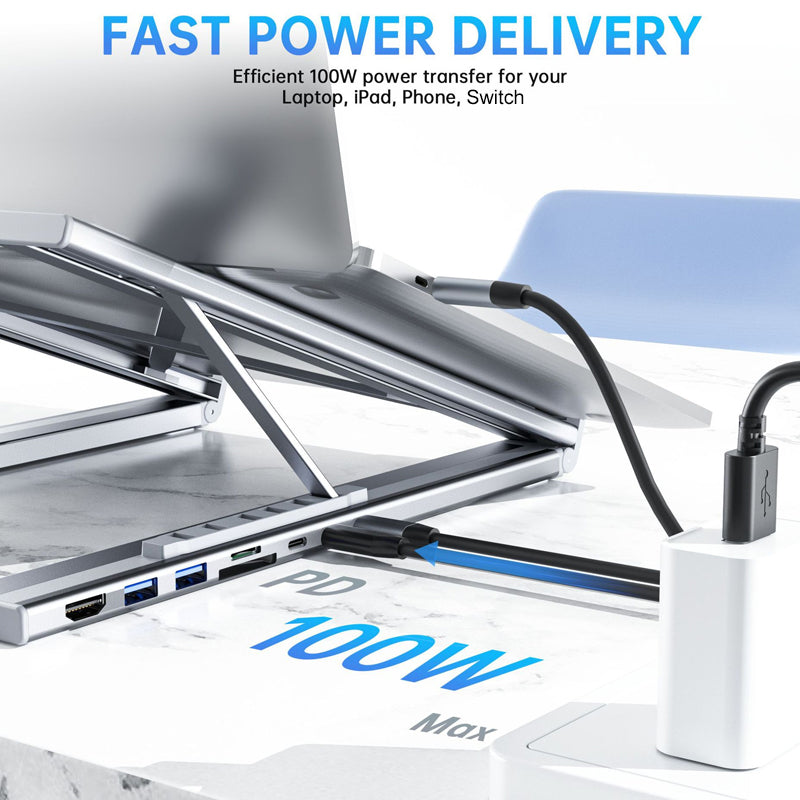 Arenzza USB-C docking station with laptop stand and 4K HDMI port, showing sleek electronics and accessories setup.