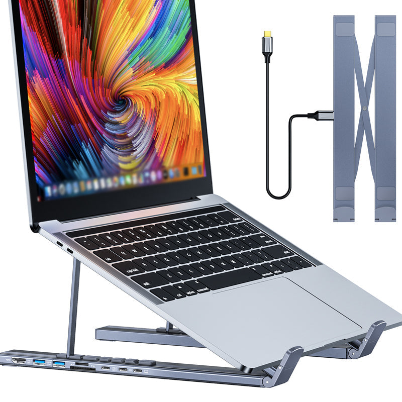 Arenzza USB-C docking station with laptop stand and 4K HDMI port, black electronic accessory on a desk setup.