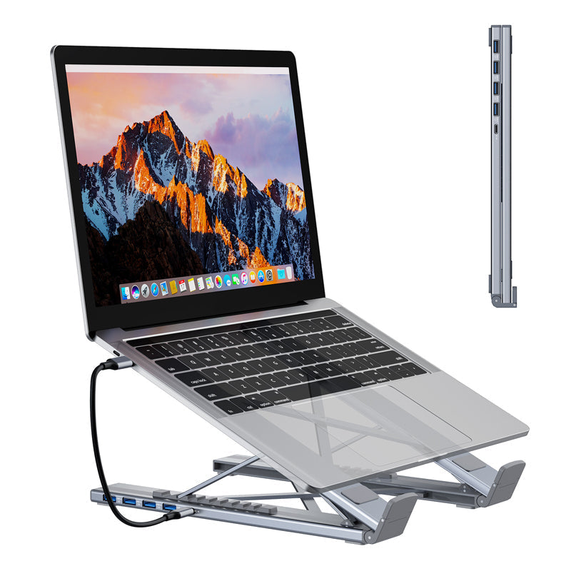 Arenzza USB-C docking station with laptop stand and 4K HDMI port, showing multiple device connections on a sleek electronic accessory.