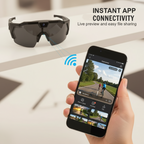 Arenzza outdoor cycling glasses with built-in camera, black frame, and clear lenses, designed for outdoor sports and recording.