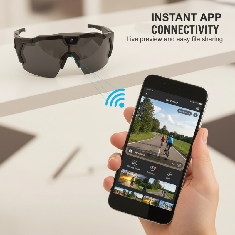 Arenzza outdoor cycling glasses with built-in camera, black frame, and clear lenses, designed for outdoor sports and recording.