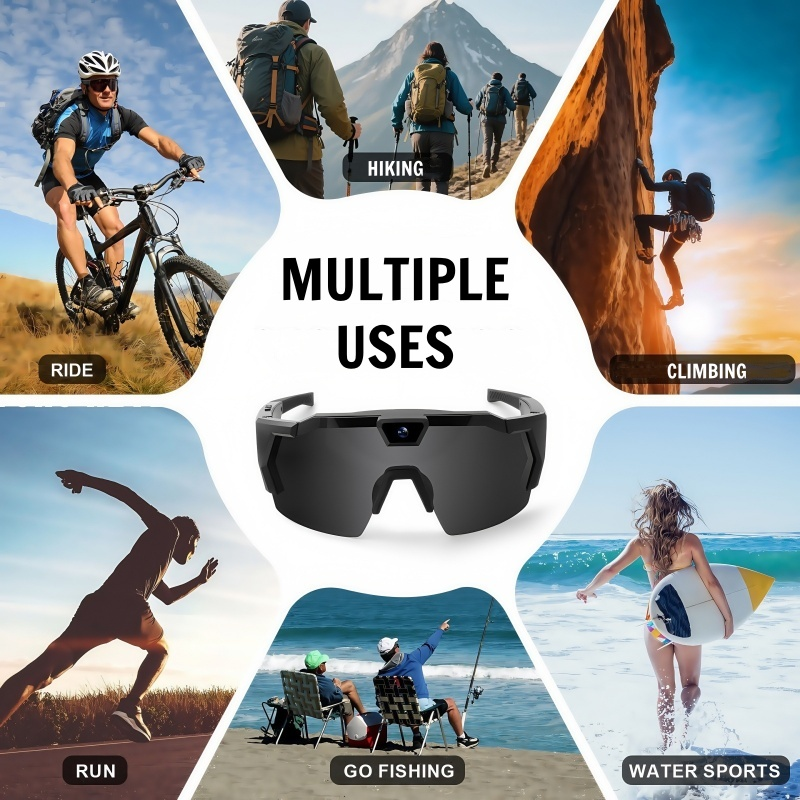 Arenzza outdoor cycling camera glasses with built-in camera lenses and adjustable frames, designed for outdoor cycling activities.