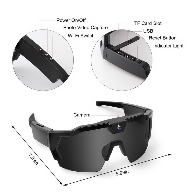 Arenzza outdoor cycling camera glasses with sleek frame and integrated camera for hands-free recording during bike rides.