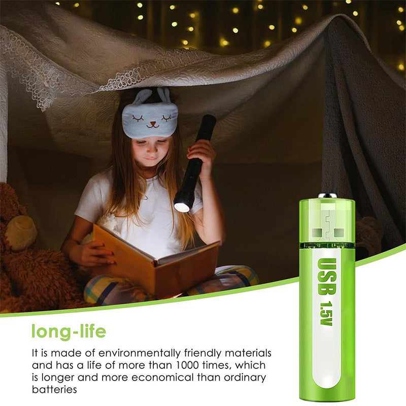 Arenzza lithium AA rechargeable batteries with USB port, showing the batteries with USB charging cable attached and digital display.