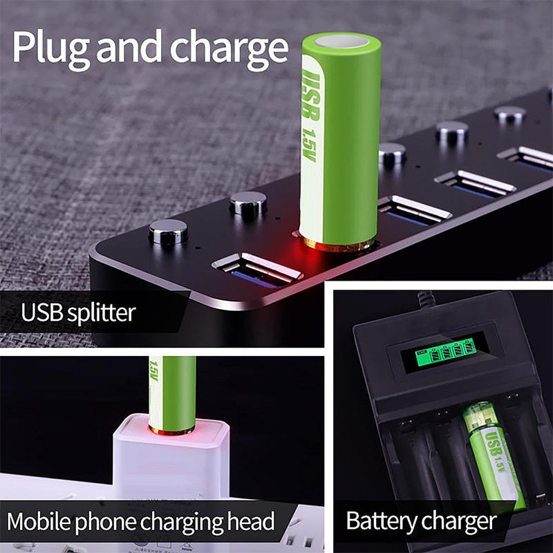 Arenzza lithium AA rechargeable batteries with USB port, showing a pair of batteries with USB connector and electronics packaging.