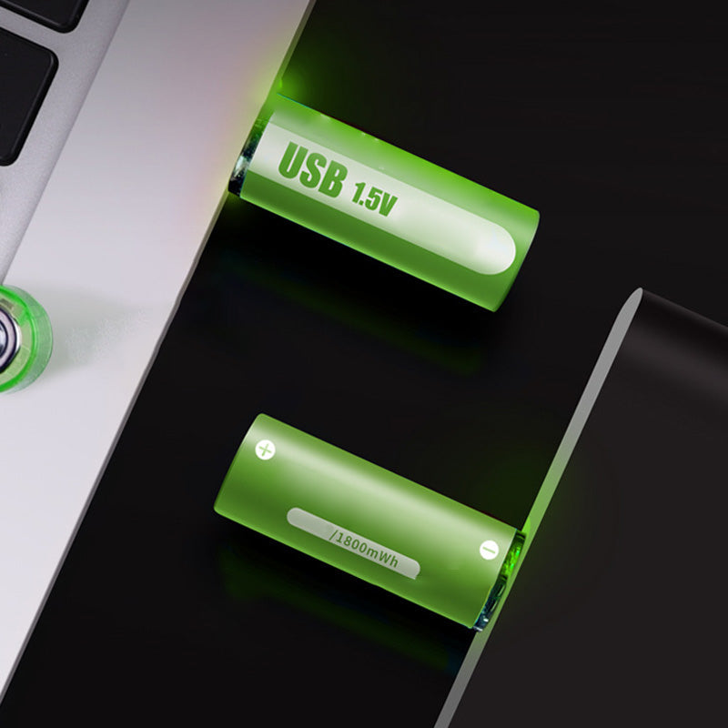 Arenzza lithium AA rechargeable batteries with USB port, showing the batteries with USB charging cable and electronics in the background.