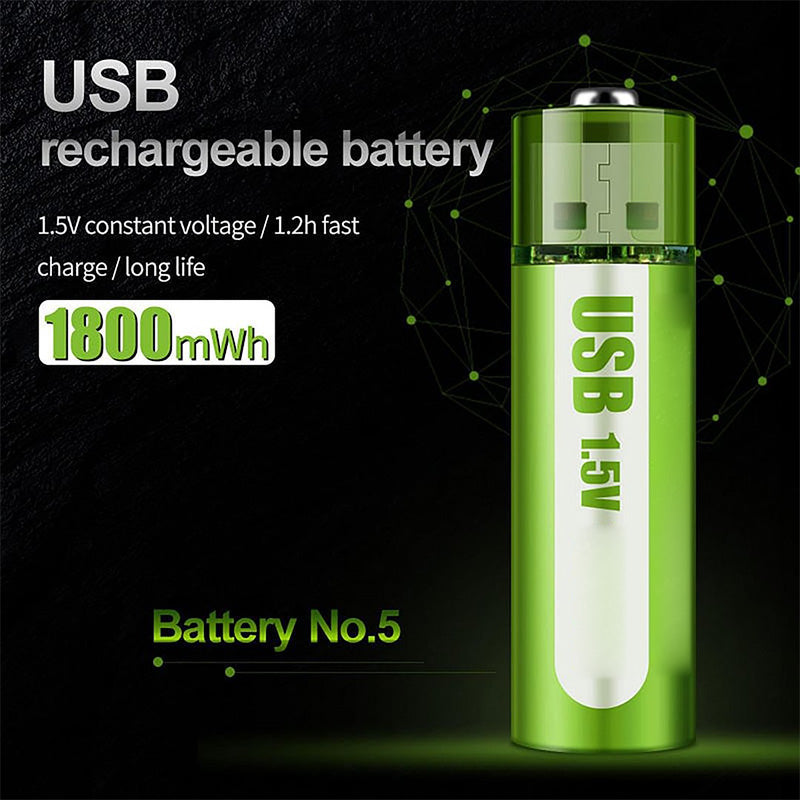 Arenzza rechargeable lithium AA batteries with USB port, 1.5V output, long-lasting power, and over 1000 cycles.