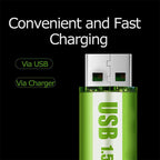 Arenzza lithium AA rechargeable batteries with USB port, showing the batteries and USB connection in a close-up image.